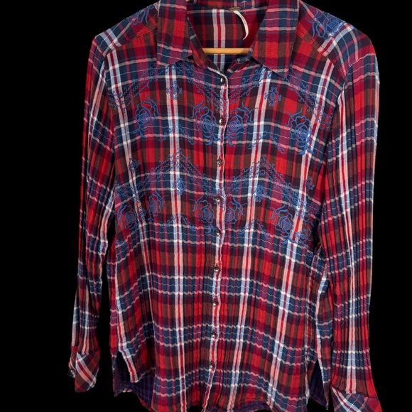 Free People Magical Plaid Red/Blue Embroidered Plaid Shirt Sz M - Picture 2 of 7
